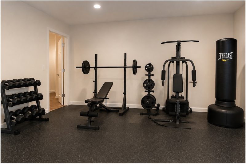 Fitness room with dumbbell rack, bench and rack, cable machine, and heavy bag